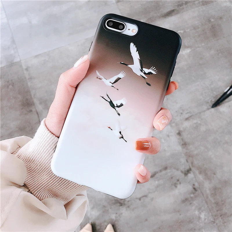 3CPizai For iPhone Xs Max XR Cases Retro Japanese crane Apple iphone X 6 7 8 Plus 6s Phone Soft Covers Shockproof |