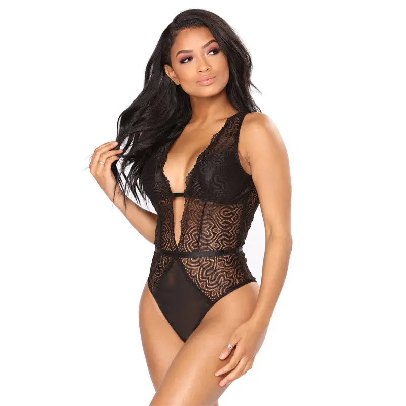 Женское сексуальное Сетчатое Кружевное боди без рукавов с глубоким v-образным
