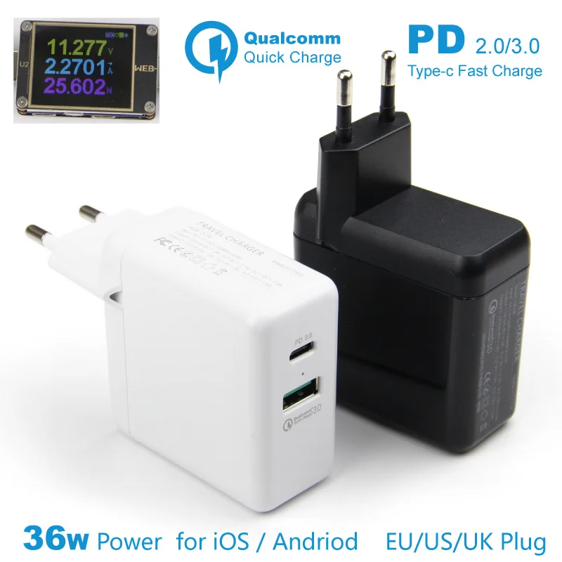 Быстрое зарядное устройство PD 3 0 36 Вт Usb C быстрое штепсельная вилка EU UK 2 QC адаптер