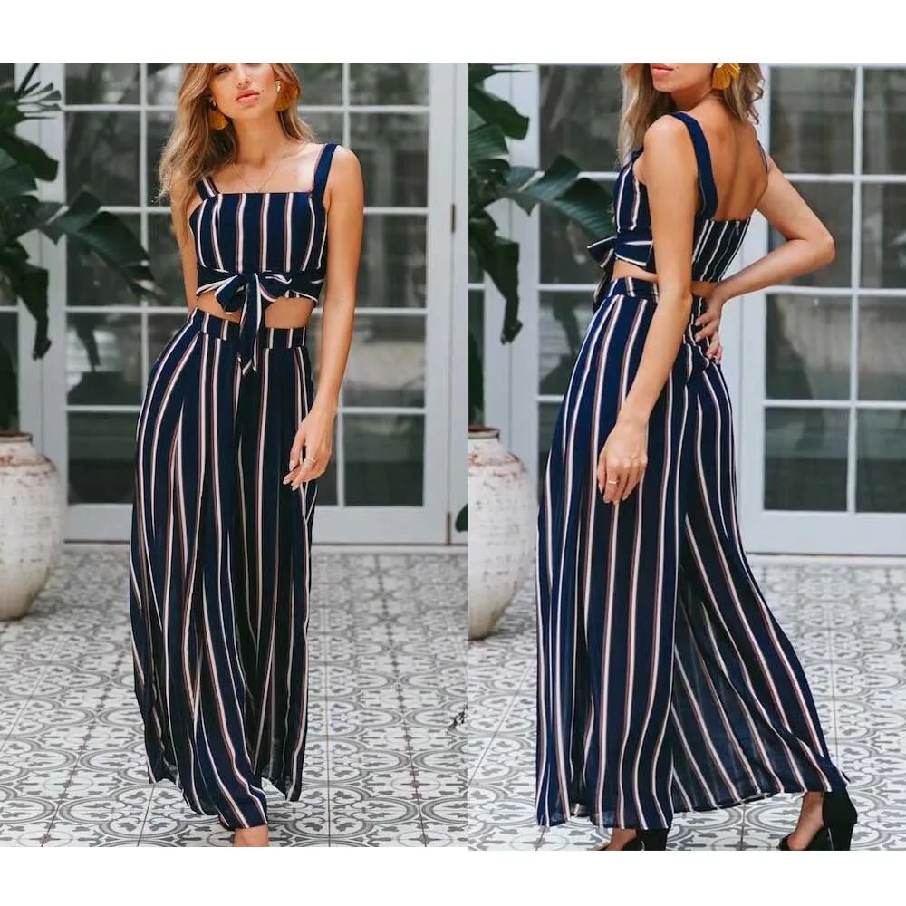 ZAFUL полосатый топ на молнии и широкие брюки без рукавов Топ полосатые гаучо