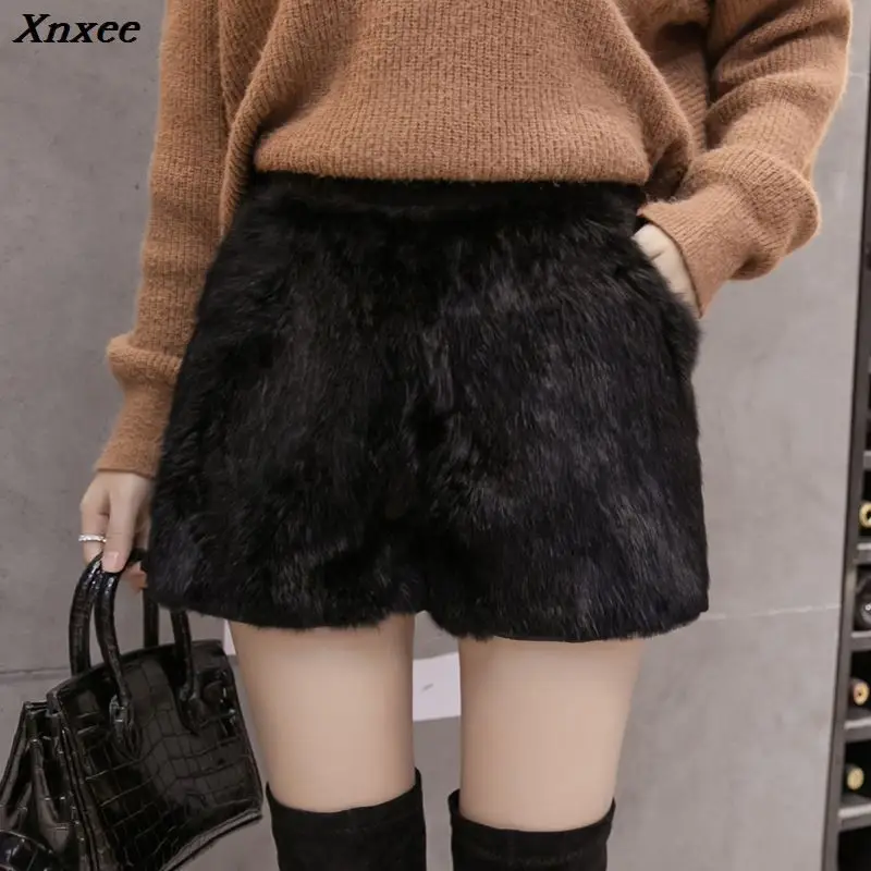

Xnxee natural rabbit fur women shorts slim high waist back wool short trousers high street fashion thick warm shorts 2020 new
