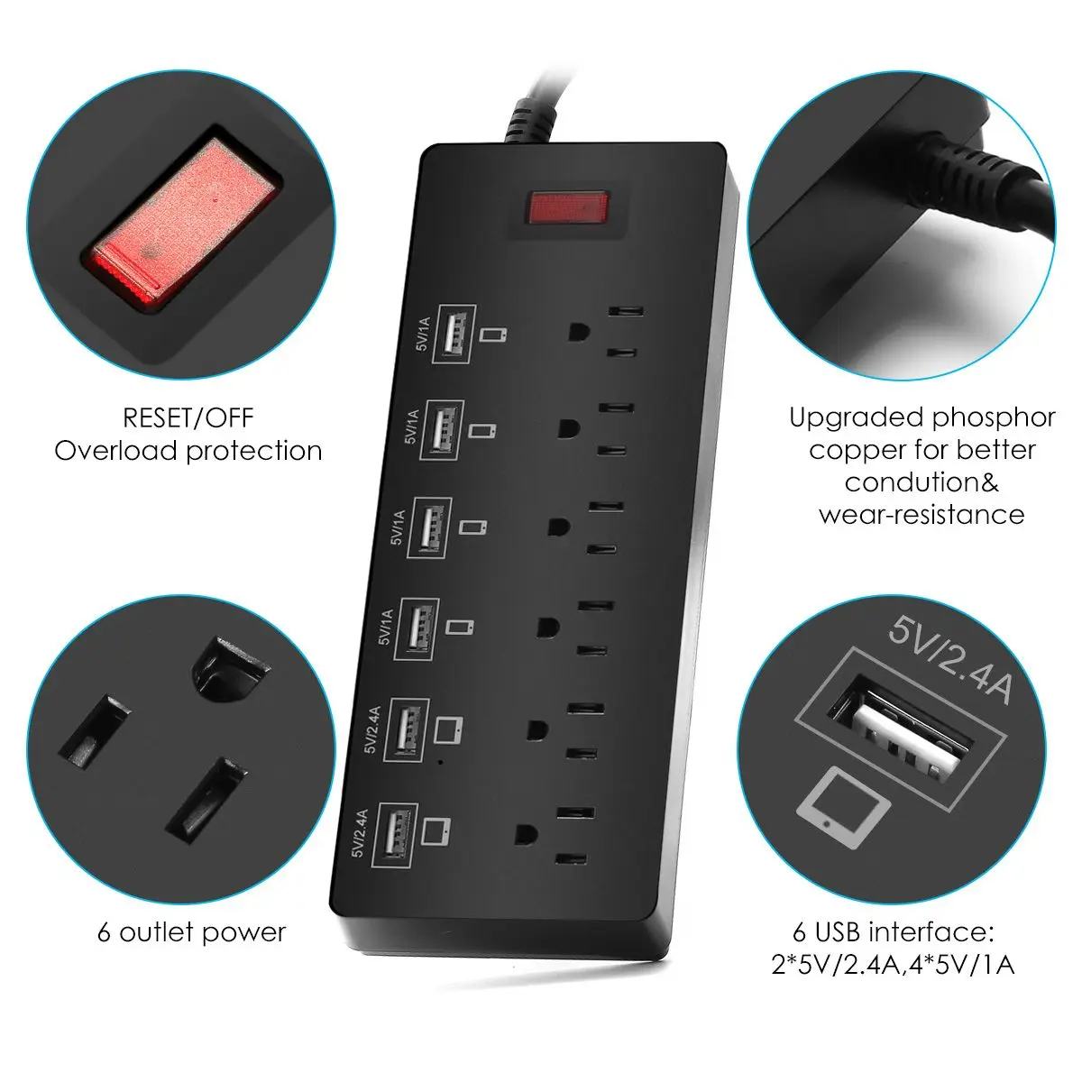 Розетка LEORY 5 в А 4 розетки переменного тока 6 удлинителей USB защищенный удлинитель