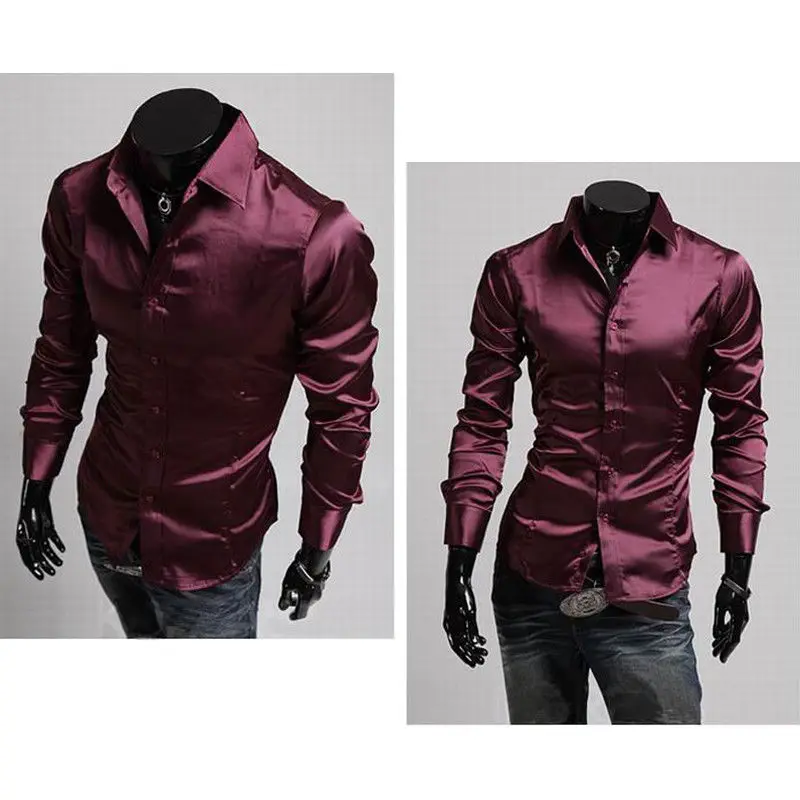 Модная шелковая мужская рубашка 2018 атласная гладкая однотонная с длинным