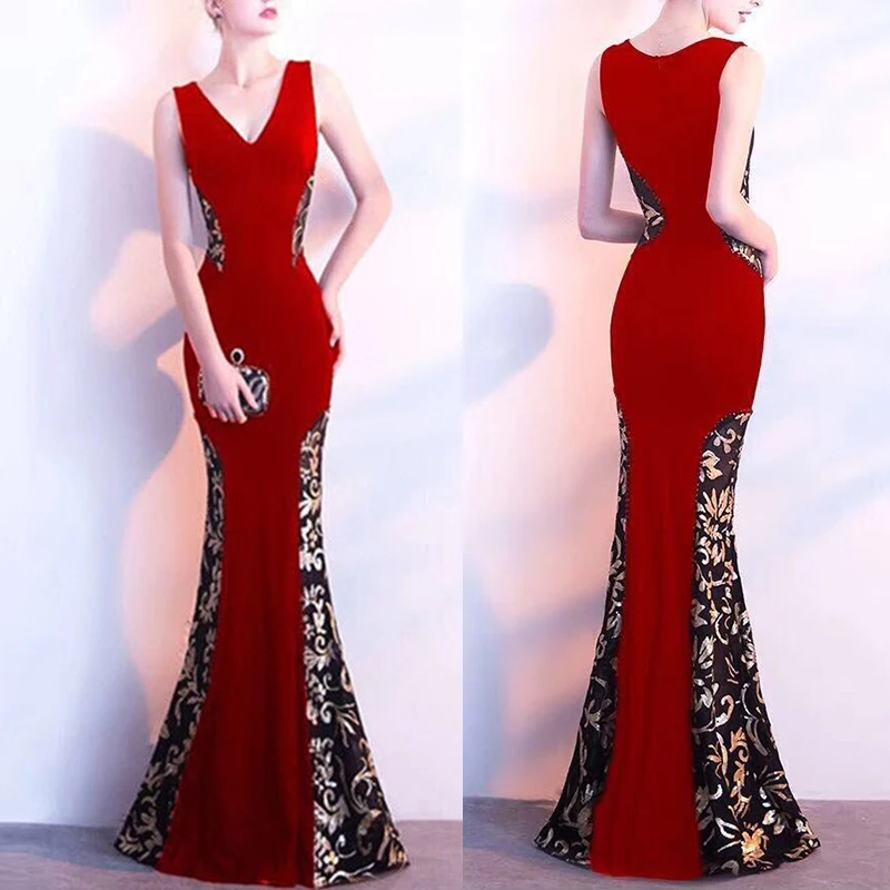 Женское длинное официальное вечернее платье без рукавов Макси облегающее