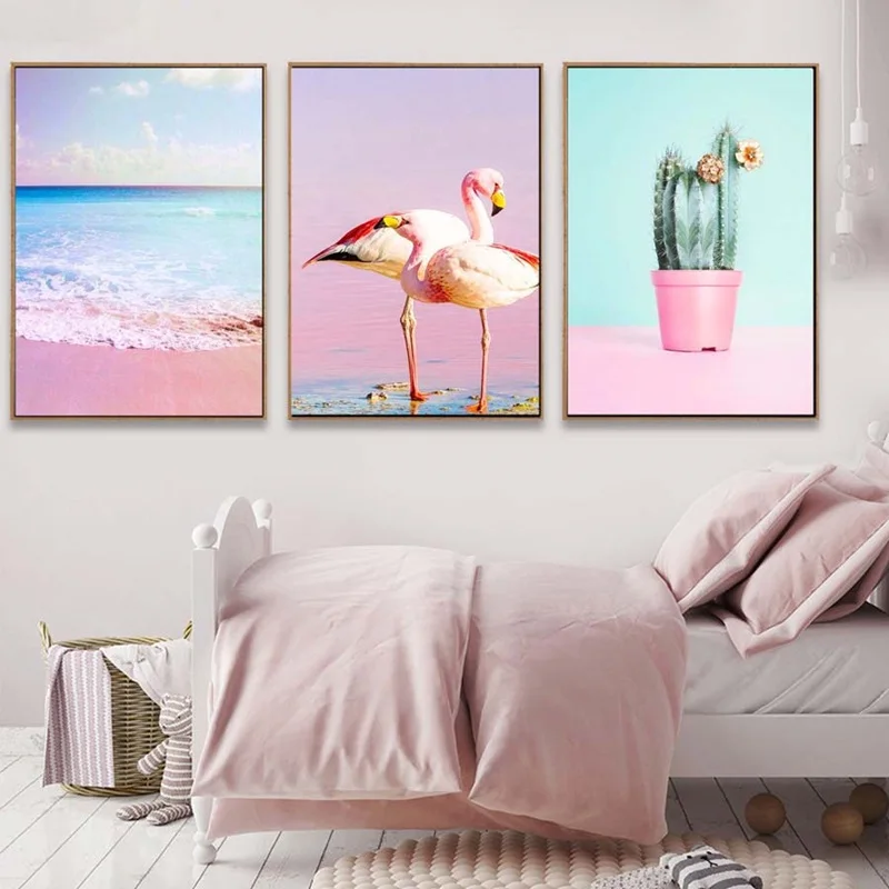 

Flamigo Pink Ocean Cactus Art Paint Nordic Posters and Prints Modern Canvas Painting Wall Pictures For Bedroom Home Decoration