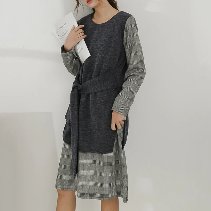 CHICEVER Plaid Patchwork Dresses For Women O Neck Long Sleeve Loose Bandage Women's Dress 2019 Korean Spring Fashion Clothes New | Женская