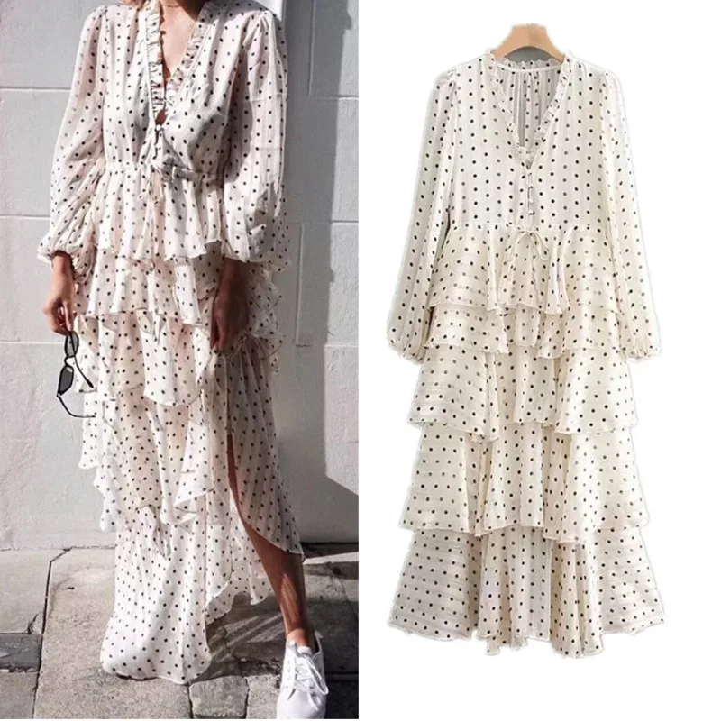 Женское Многоярусное платье в горошек Новинка весна-осень 2020 винтажные длинные