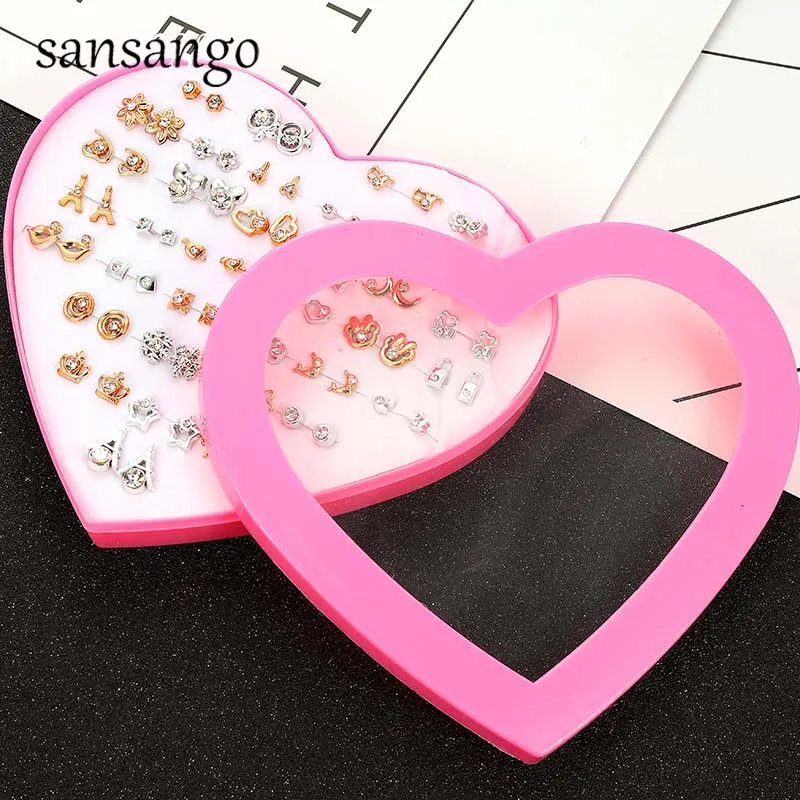 

36Pairs/lot Gold Silver Color Women Star Heart Flower Butterfly Colorful Crystal Stud Earrings Sets Girl Children Jewelry Party