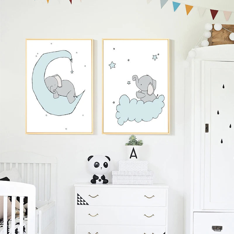 Слон луна и звезды детская комната художественные принты настенная Картина на