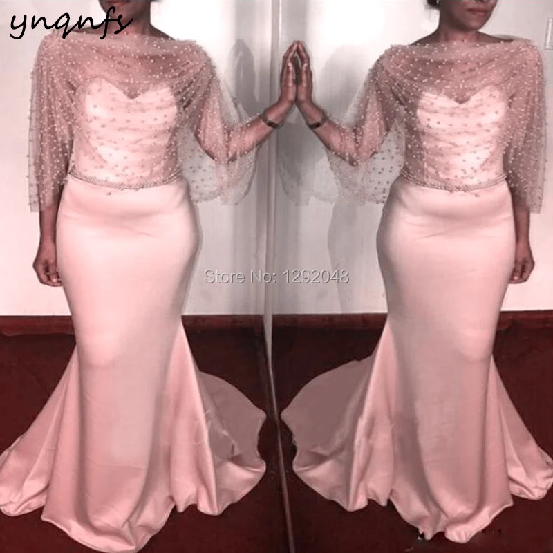 

Элегантное Атласное Платье-Русалка YNQNFS M171, накидка с жемчугом и рукавами, розовое платье для матери невесты и жениха с рукавами, 2019
