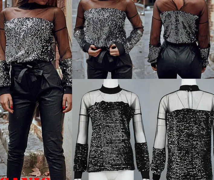 Fashion Sexy Women Gauze Mesh See Through Long Sleeve Paillette Bottoming Shirt | Женская одежда