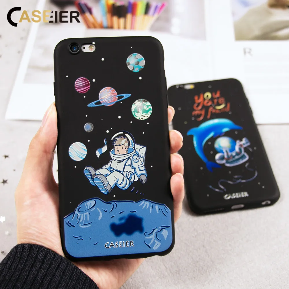 CASEIER Space Soft Phone Case For iPhone 6 6s 7 8 Plus 3D Relief Silicon TPU Cover 5S X Black Fundas Capinha |