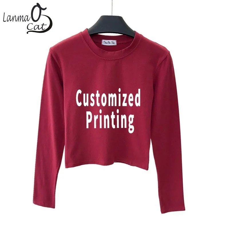 

Lanmaocat Women's Long Sleeve Cropped Top T-shirt With Custom Printing Crop Top Shorts Cotton Shirts Female Tee Free Shipping