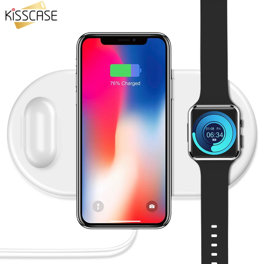 KISSCASE 3 в 1 QI Беспроводное зарядное устройство для iphone 8 Plus X XS Max XR Apple Watch AirPods 10 Вт