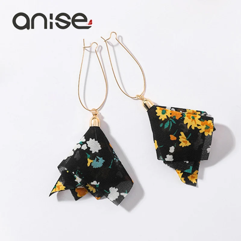 Женские шифоновые серьги кольца с кисточкой Anise многоцветные цветочные богемные