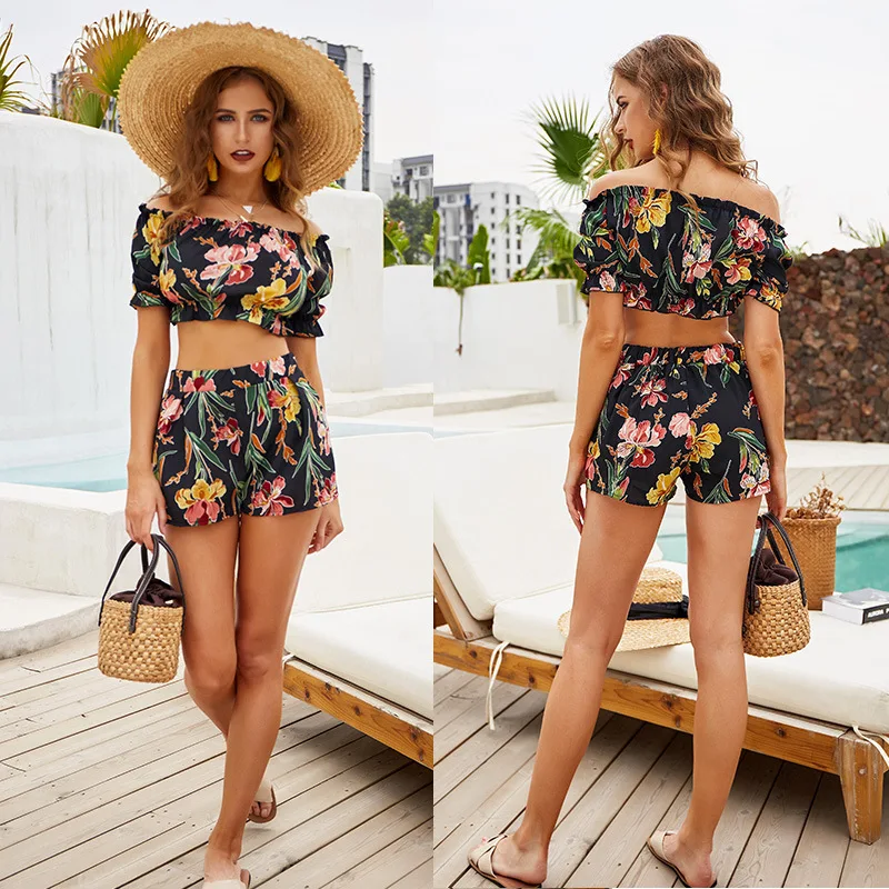 Женский комплект с открытыми плечами вырезом лодочкой цветочным принтом