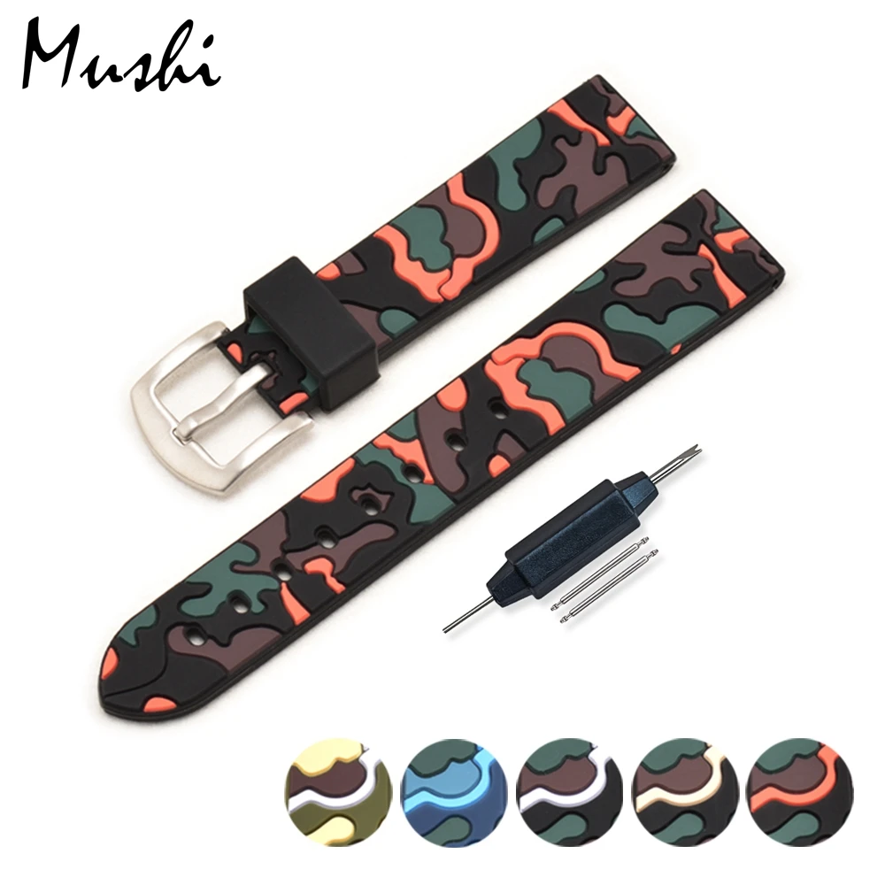 

Ремешок из мягкого силикона для часов, водонепроницаемый Камуфляжный браслет с пряжкой из нержавеющей стали для дайвинга, 20 мм 22 мм