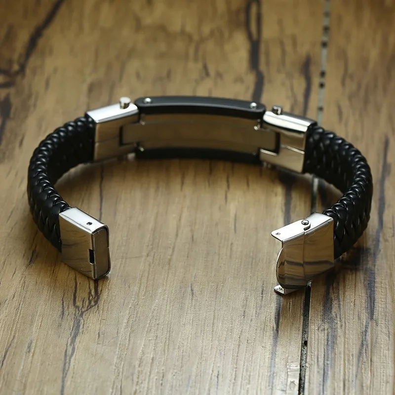 Мужской плетеный браслет Vnox черный из натуральной кожи нержавеющей стали с