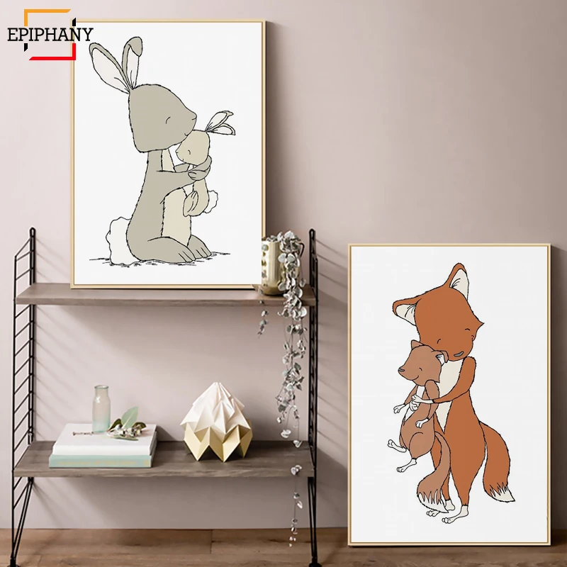 

Fox Bunny Woodland Nursery Art Animal Mom and Baby Posters and Prints Canvas Art Painting Pictures Kids Bedroom Decoration