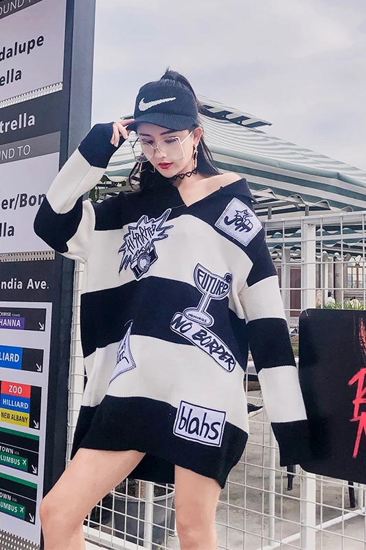 Vefadisa Women Letter Patchwork Sweater Black White Stripe Winter Warm Tops Long Sleeves Pullover V-Neck ZLD259 | Женская одежда