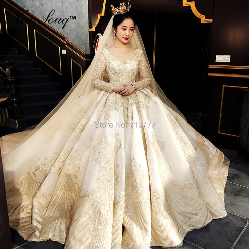 

Luxury Shiny Fabric Long Wedding Dresses 2019 Vestido De Noiva Gelinlik Wedding Gowns Bride Dress Long Sleeves Bridal Gowns