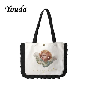 Холщовая Сумка Youda в студенческом стиле, милая сумочка на плечо с жемчужным принтом для девушек, Двойная модель тоута с оборками