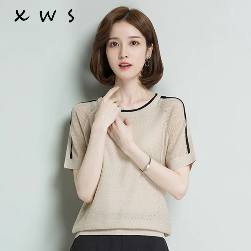 short sleeve top hollow out knit women sweater Pullovers o neck summer Basic Women Sweaters Korean Style Slim Fit Black | Женская одежда
