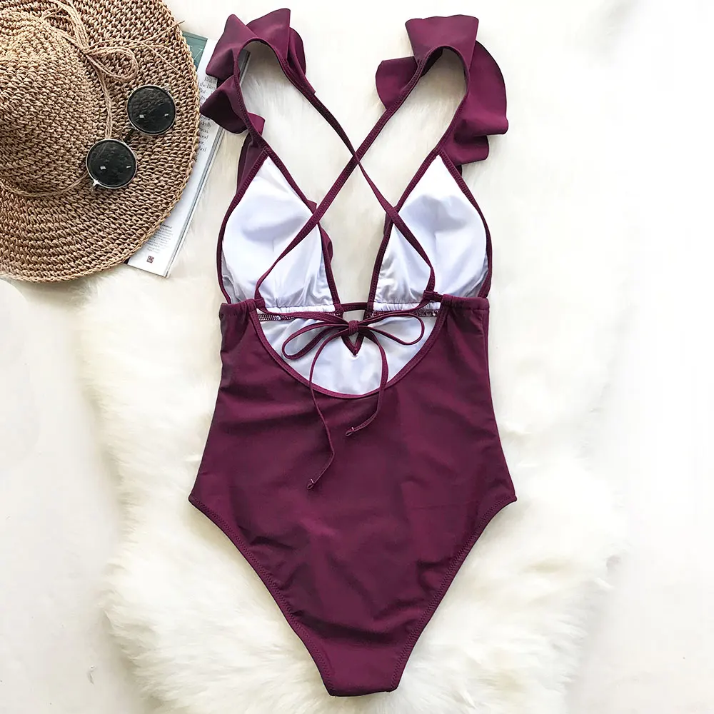 Женский купальный костюм с оборками и монокини v образным вырезом для пляжа