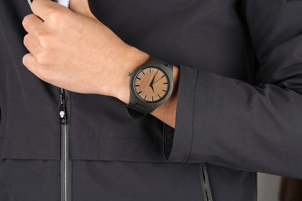 

Natural Wooden Watch for Men Brown Large Round Wood Dial Watches for Male Simple Black Leather Strap Bamboo Watch for Teenagers