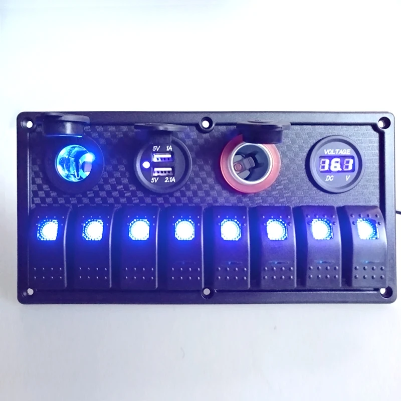 12V 24V USB прикуриватель напряжение рокер 8 Gang переключатель Панель синий светодиод