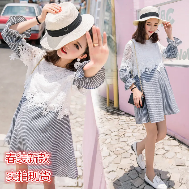 2020 new spring pregnant women dress long sleeve lace splicing chiffon loose maternity mini pregnancy a-line shirts blouse | Мать и