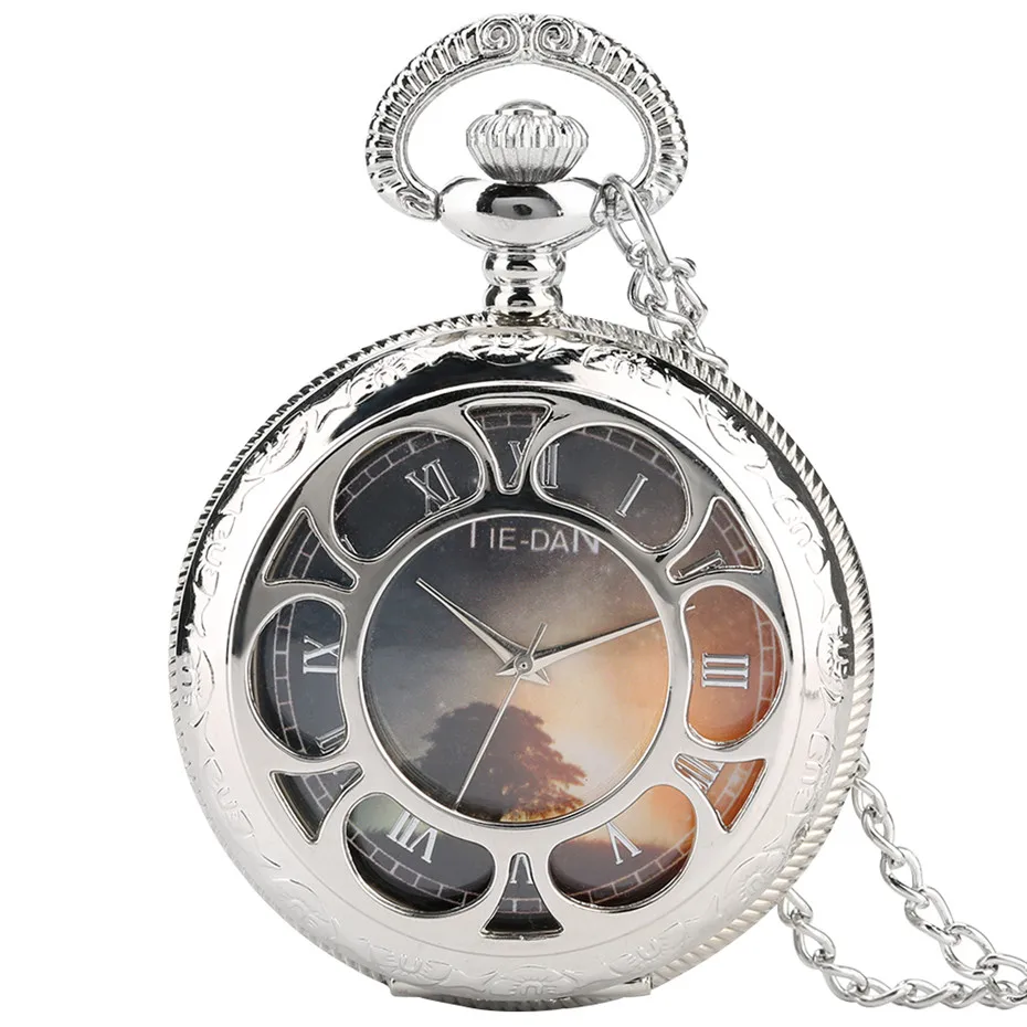 

Elegant Silver Color Hollow Flower Pocket Watch Women Necklace Tree Picture Inside Quartz Fob Watches Unisex Clock Gifts 2019