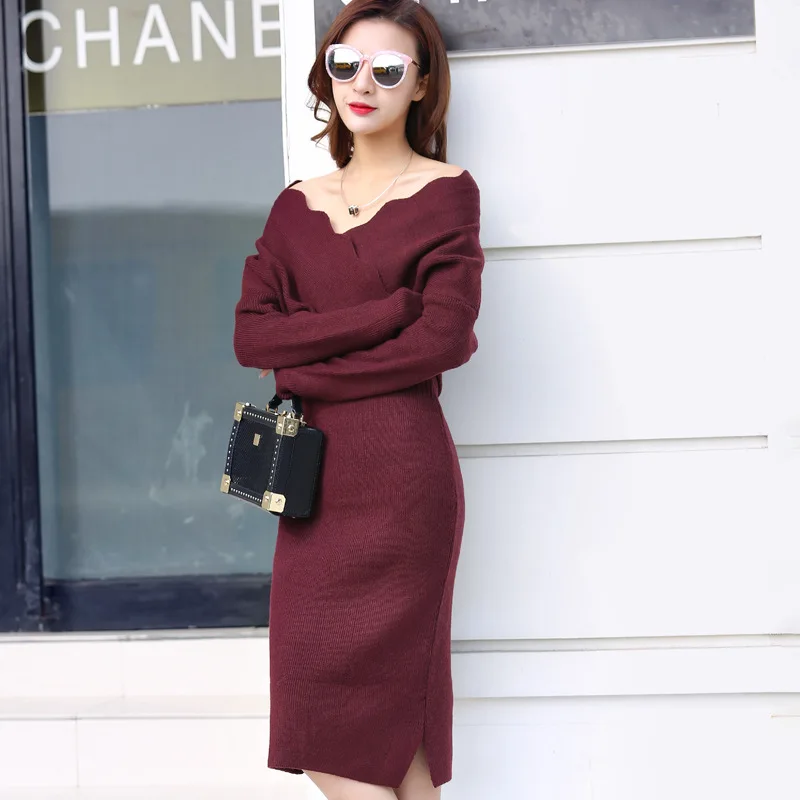 

Autumn Winter Women Knitted Solid Sweater Dress V-neck Slim Bodycon Dress Elegant Skinny Party Vestidos