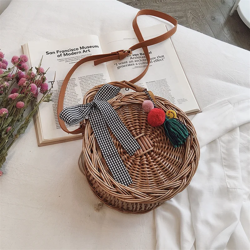 Модная женская сумка с бантом тканая кисточками Бамбуковая серия молодежная