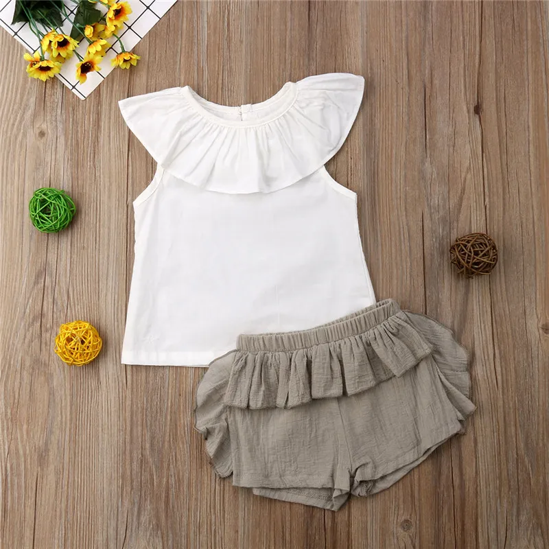 6M-4T Toddler Baby Girl Casual Clothes Set Ruffle Cotton Shirt Tops Blouse Sleeveless Kid Girls Shorts Outfits Summer | Детская одежда