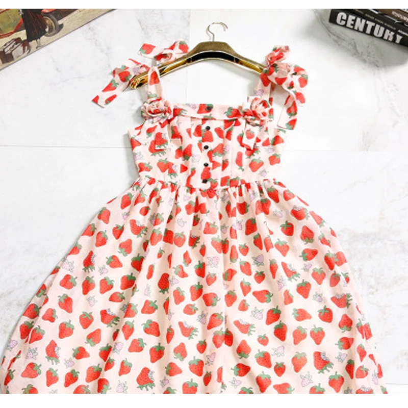 Runway Dress 2019 Summer Strawberry Print Chic Women Bow Sprapless Vacation Cute Ladies Chiffon Party Long Clothes | Женская одежда
