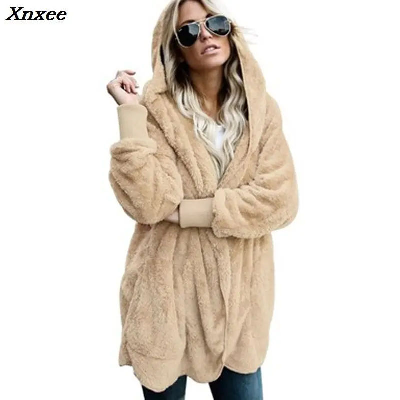 New Fashion Spring Faux Fur Warm winter coats on both sides Jacket Women Open Stitch Hooded Coat Female Long Sleeve Fuzzy | Женская