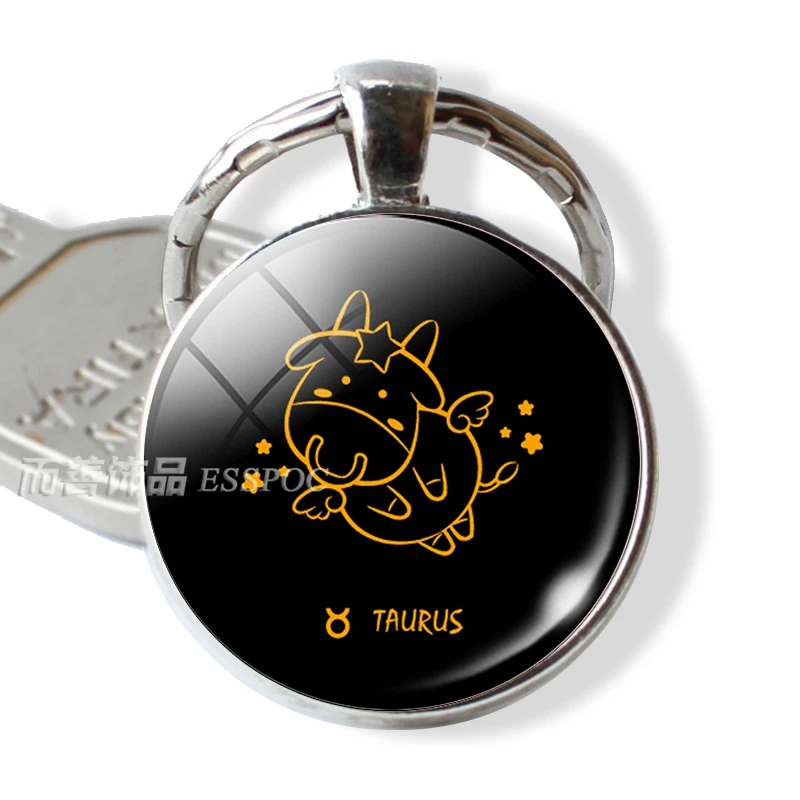 12 Constellations Zodiac Sign Pendant Aries Leo Libra Keychain Key Chain Rings Glass Cabochon Dome Jewelry Birthday Gift | Украшения и