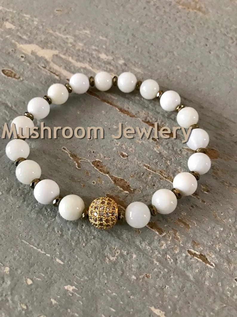 Pave CZ Gold Beads Bracelet Pyrite Beads Stretch Bracelet White Beads Stack Bracelet