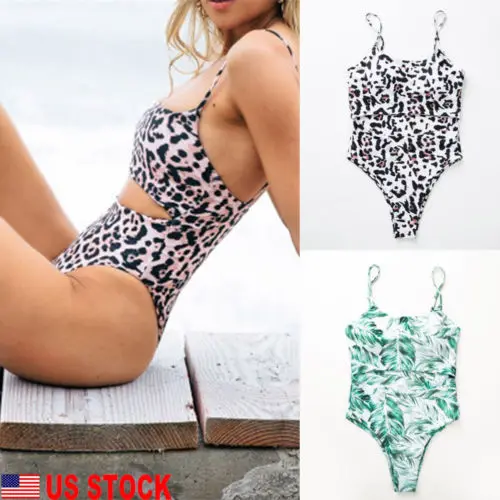 US Women Leopard Backless Sexy Push Up One-piece Solid Triangle Summer Swimwear | Спорт и развлечения