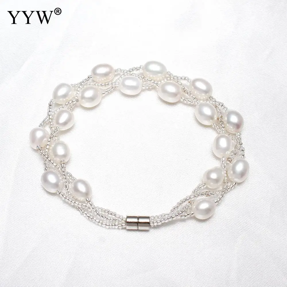 

7-8mm White Rice Natural Freshwater Cultured Pearl Bracelet Glass Seed Beads 3 Rows Multilayer Pearl Bracelets For Woman