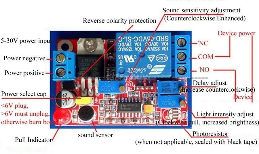 DC 5V 12V 24V Sound Sensor / Light Control Relay Switch Module Adjustable Delay | Электронные компоненты и