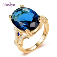 nasiya new design original finger ring golden color rings with 13x18mm big aquamarine stones fashion 925 jewelry ring wholesale