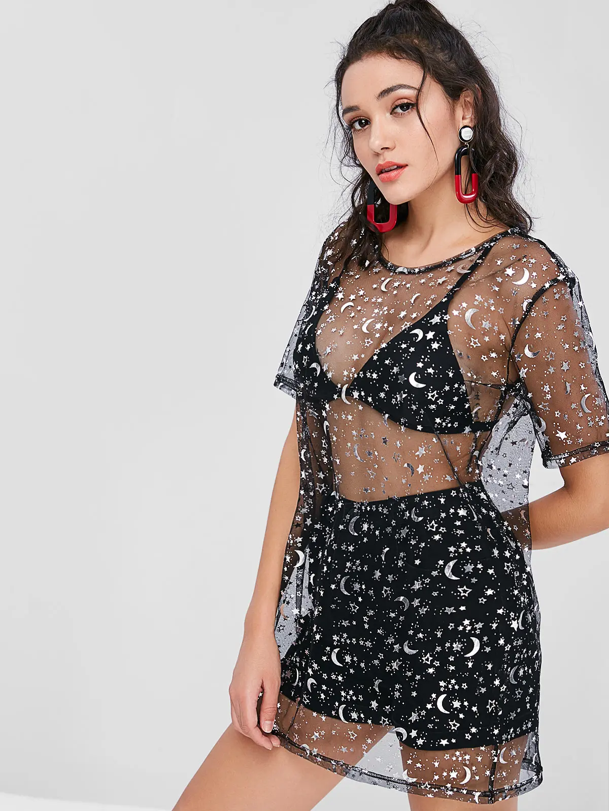 ZAFUL Sheer Starry Длинная футболка с длинным рукавом сексуальным принтом Star Moon