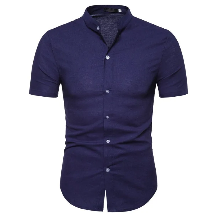 

2019 New Men's Summer Cotton Linen Shirts Men Solid Color Slim Fit Short Sleeve shirt Male Casual Mandarin Collar Shirts S-2XL