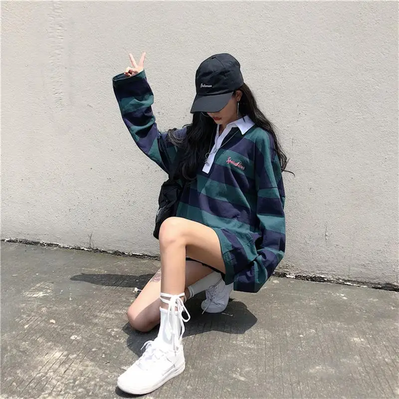 

2019 Harajuku Spring New BF Women T-Shirt Embroidered Letters Loose Striped Long Sleeve T-Shirt Students Casual Female Top Tees