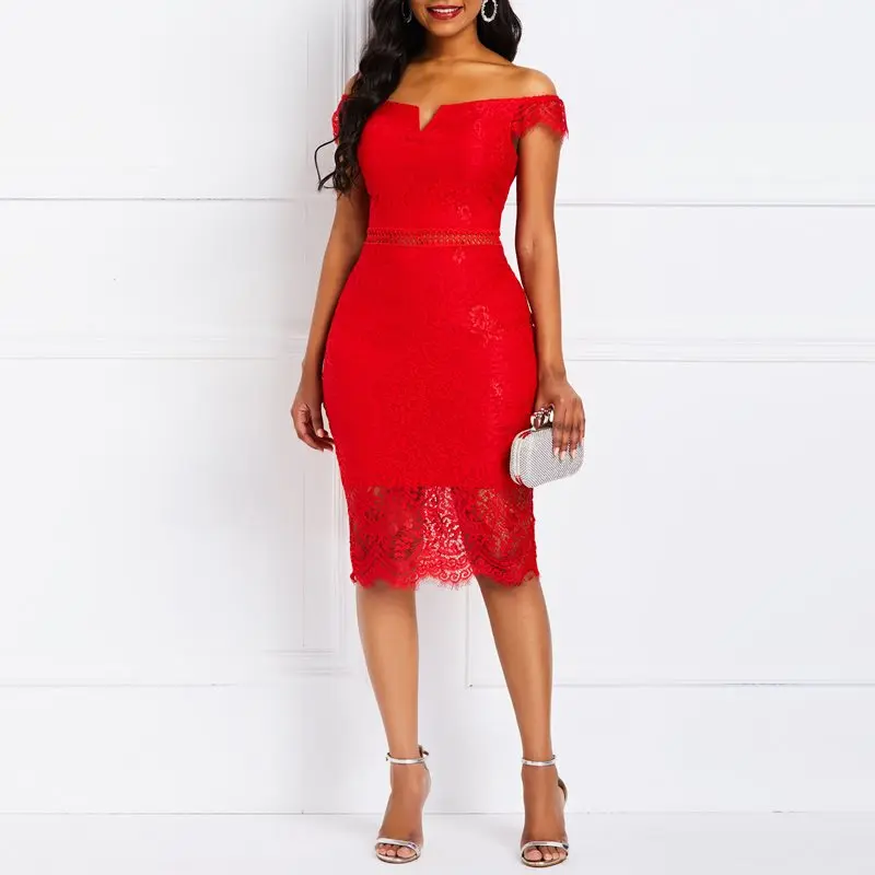 Women Summer Dresses Vintage Elegant Party Red Office Lady Bodycon Off Shoulder Solid Hollow Lace Female Fashion Retro Dress | Женская