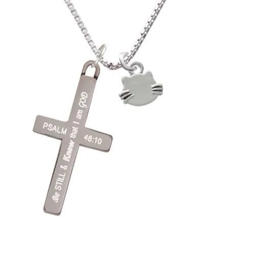 Mini Cat Face with Whiskers - Be Still and Know Cross Necklace | Украшения и аксессуары