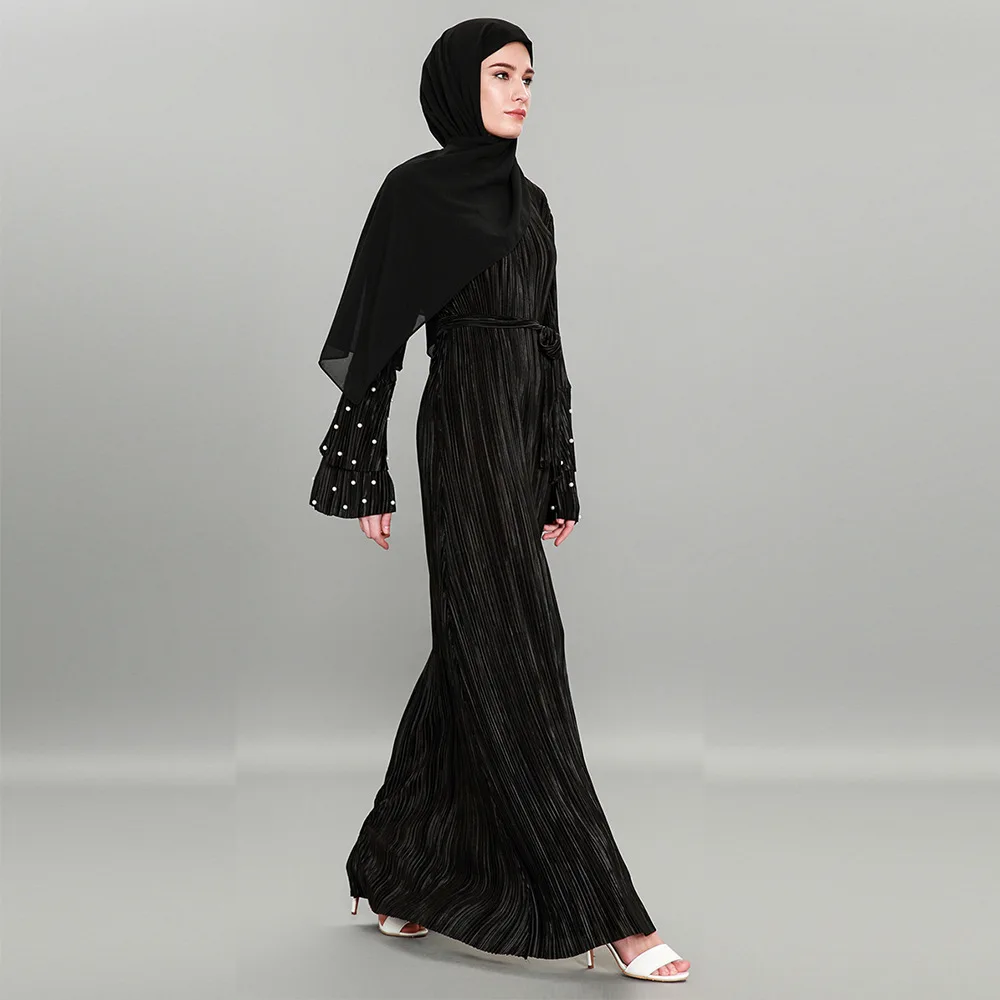 Fashion Pleated Long Sleeve Beading Cardigan Dress Women's Solid Color Abaya Ramadan Robe Arabic Turkish Islamic Kaftan Clothing |