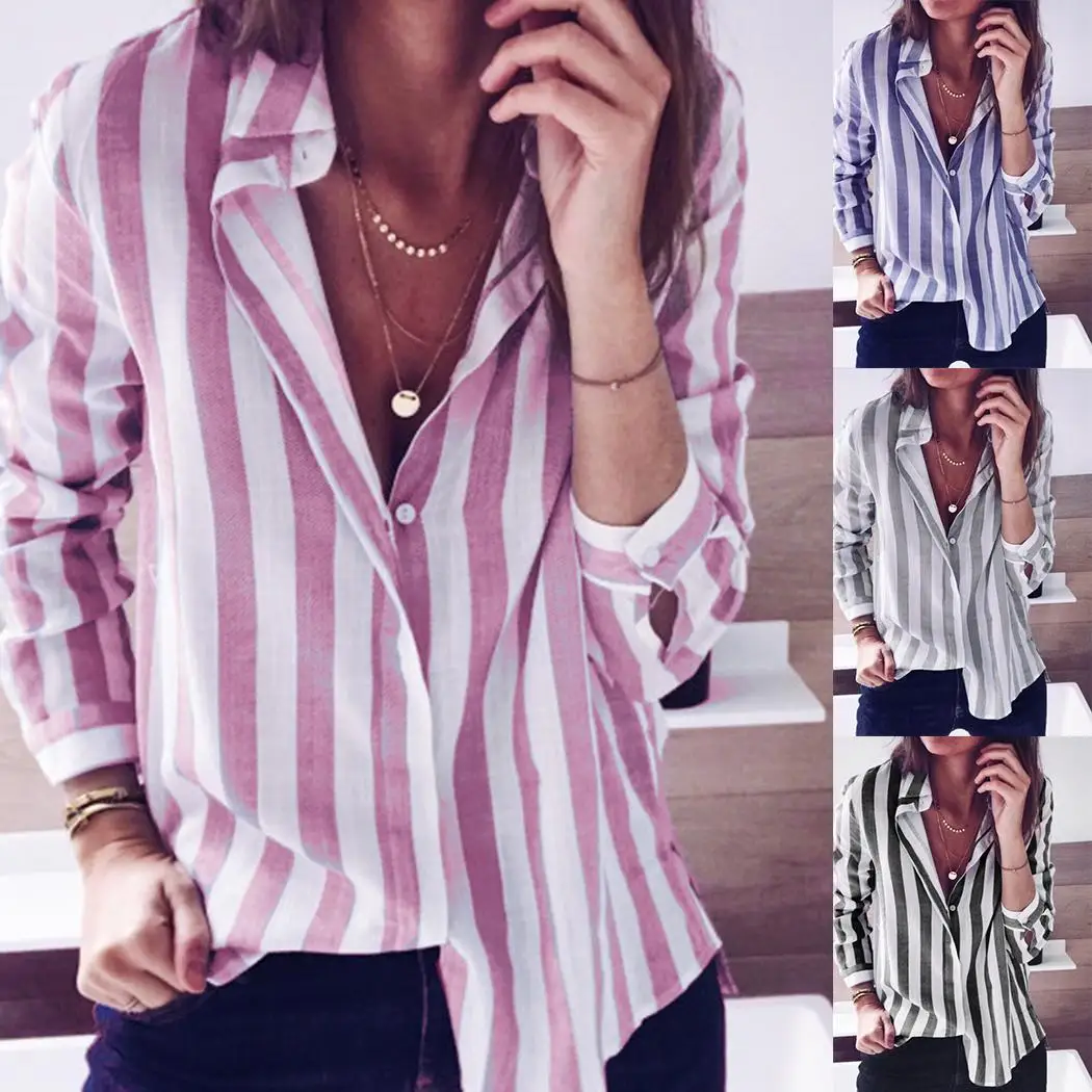 Women Casual Turn-down Collar Long Sleeve Loose Summer Striped Regular Single Breasted Shirt |